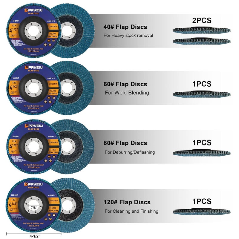 PRVEW Flap Discs 4 1/2 Inch, 5-Pack 4.5" x 7/8" T29 Premium Zirconia Abrasive Grinding Wheels, 40/60/80/120 Assorted Grits Flap Sanding Disc for Metal,Stainless Steel - Image 3